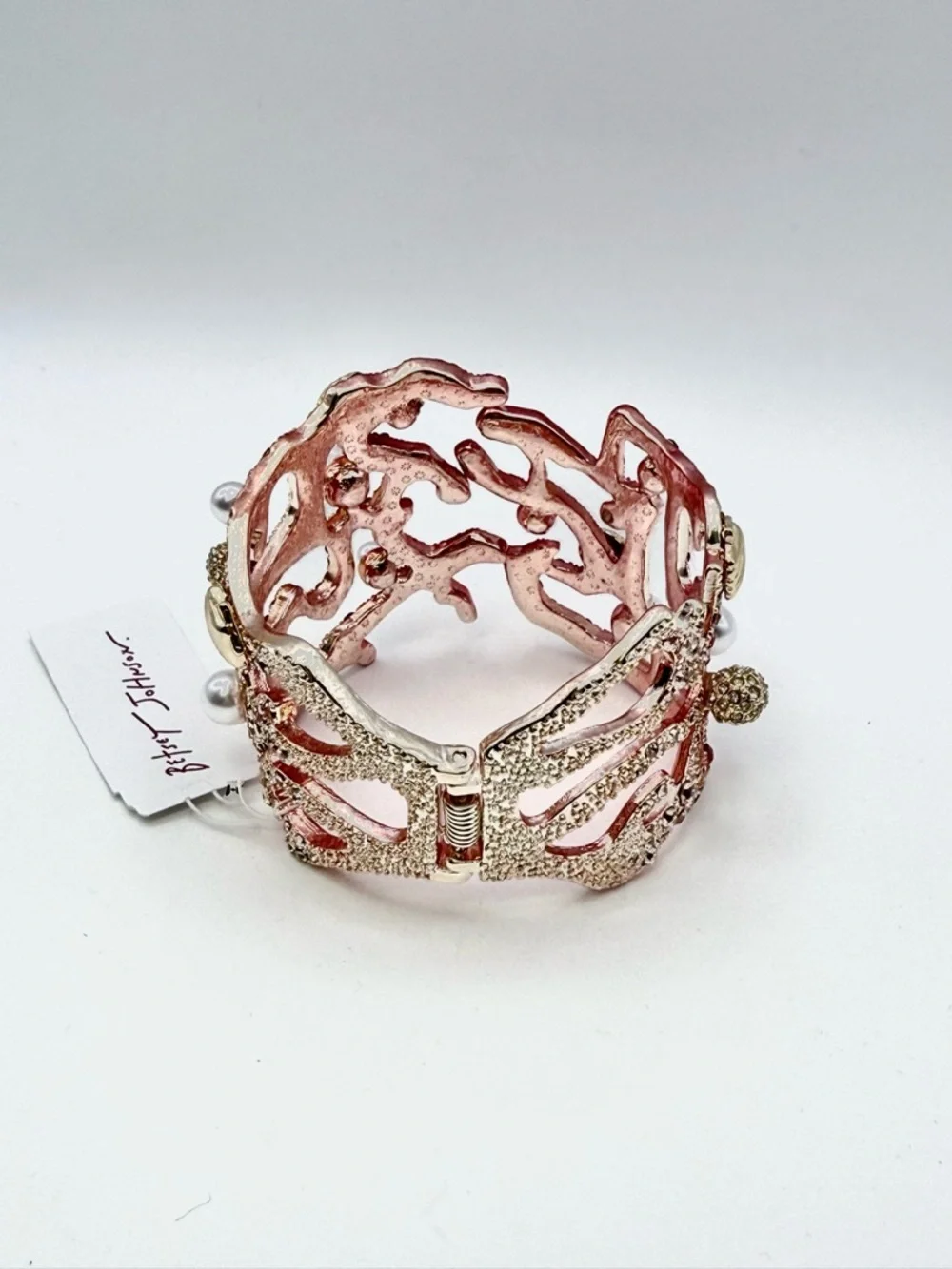 Betsey Johnson Red Orange Gold Coral Cuff hinged Bracelet with Pearls